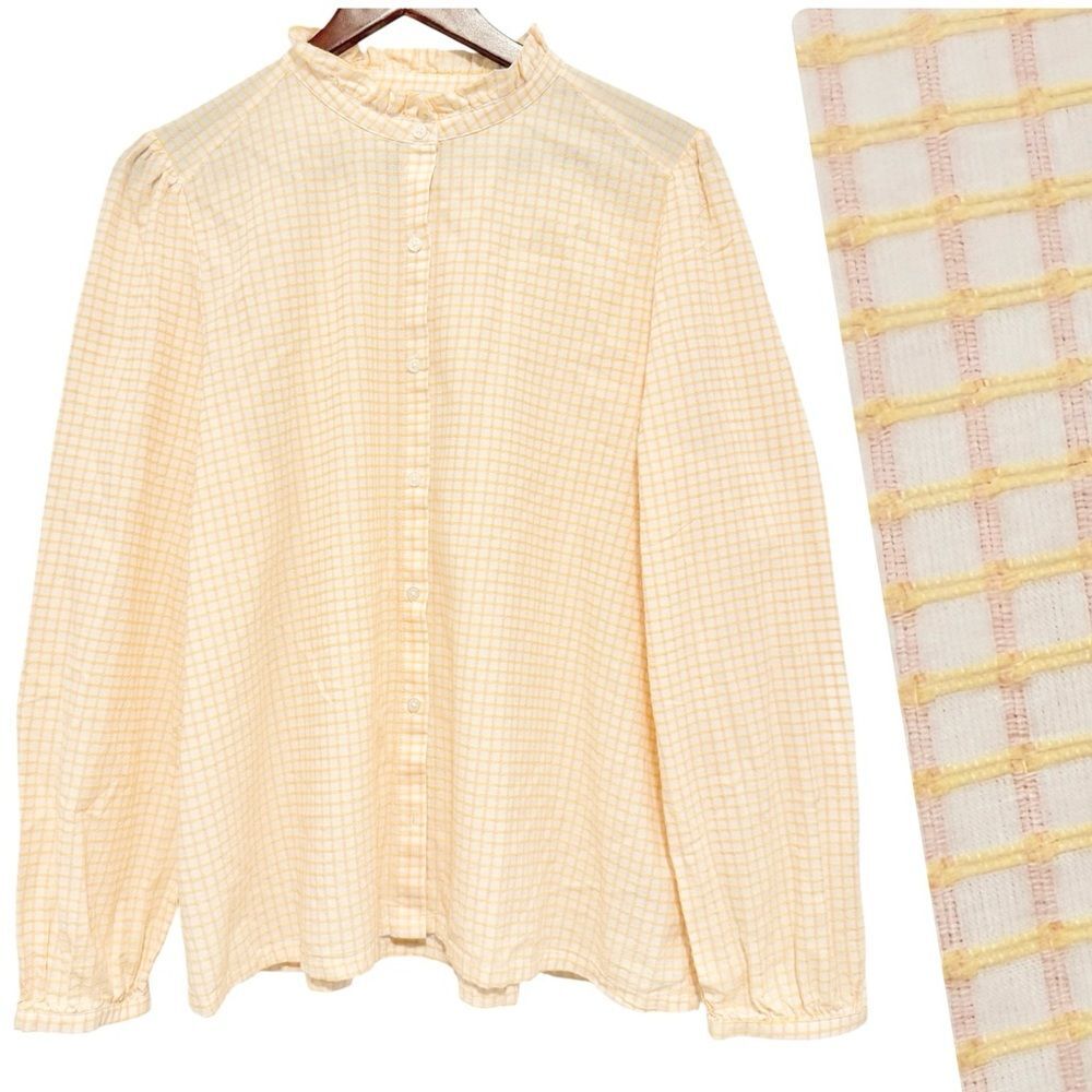 LOFT Cotton Ruffle Neck Button Front Pink Yellow Check Blouse Size XL
